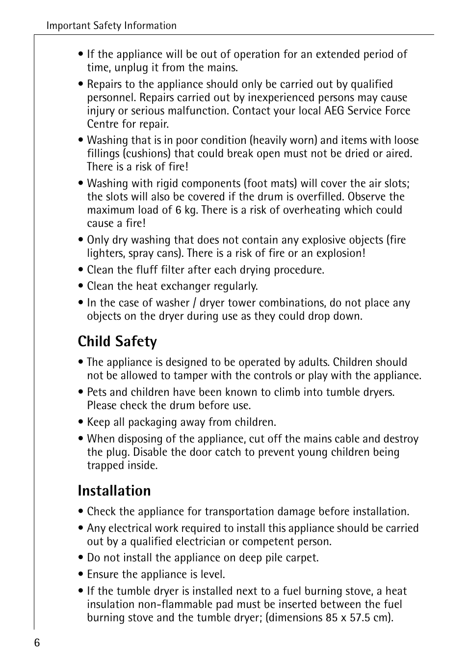 Child safety, Installation | Electrolux LAVATHERM 57560 User Manual | Page 6 / 40