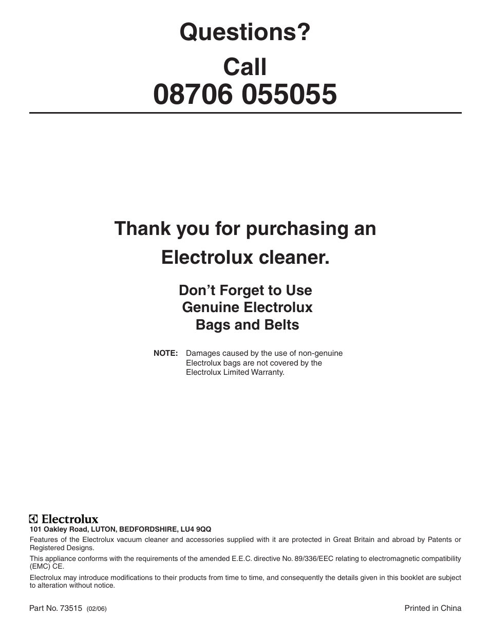 Questions? call | Electrolux Z2250 User Manual | Page 12 / 12