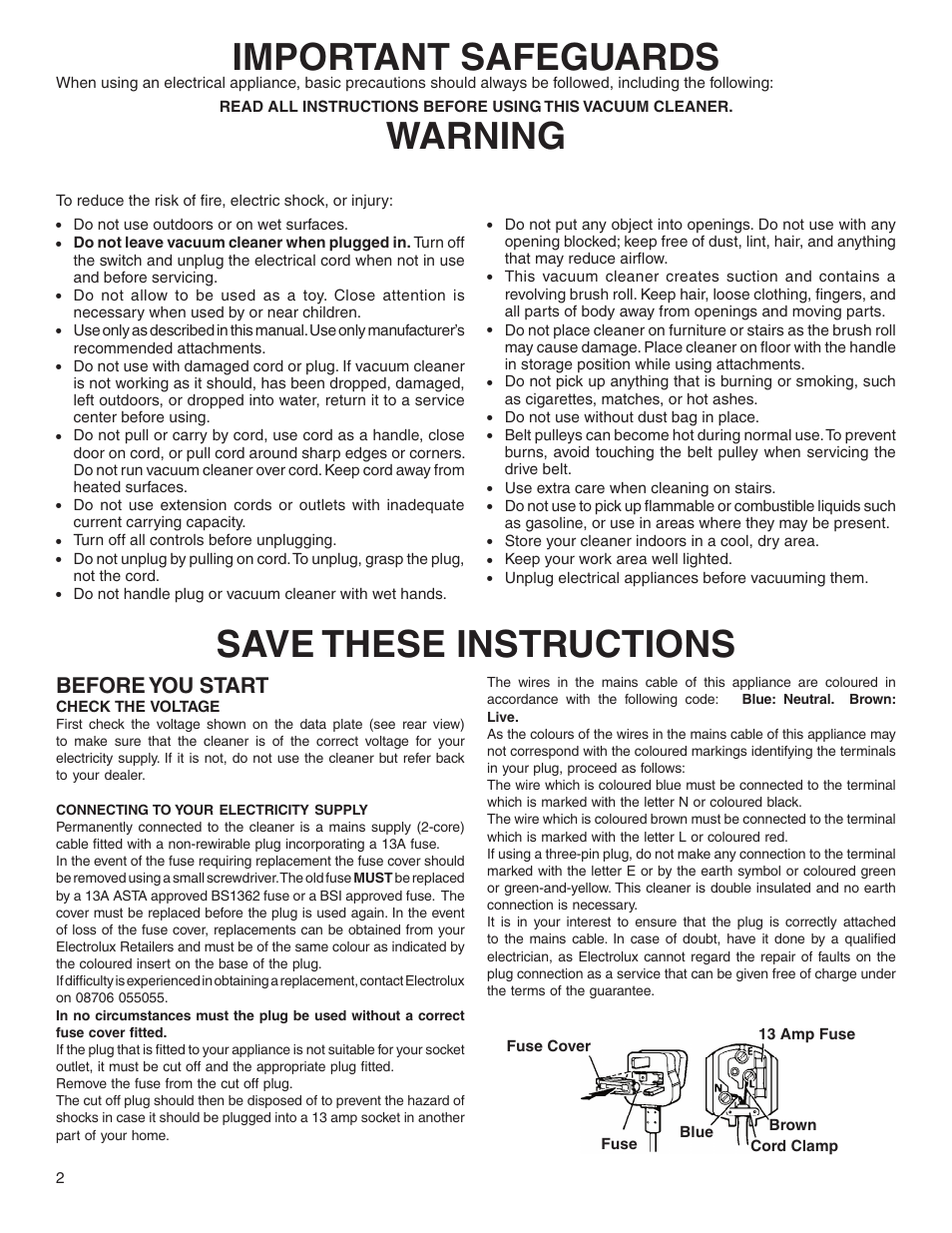 Important safeguards, Warning save these instructions, Before you start | Electrolux Z2250 User Manual | Page 2 / 12