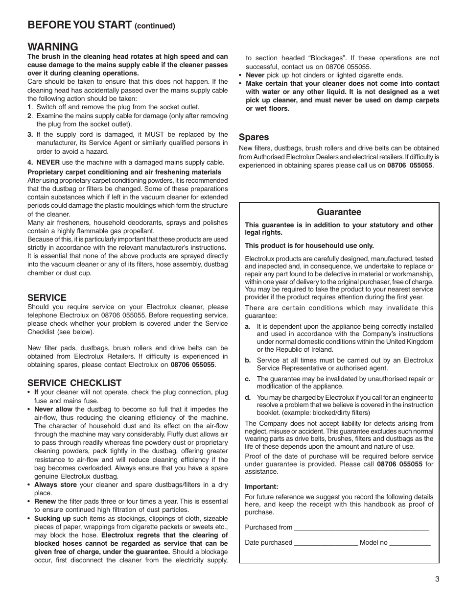 Before you start, Warning, Service | Service checklist, Spares, Guarantee | Electrolux Z2250 User Manual | Page 3 / 12