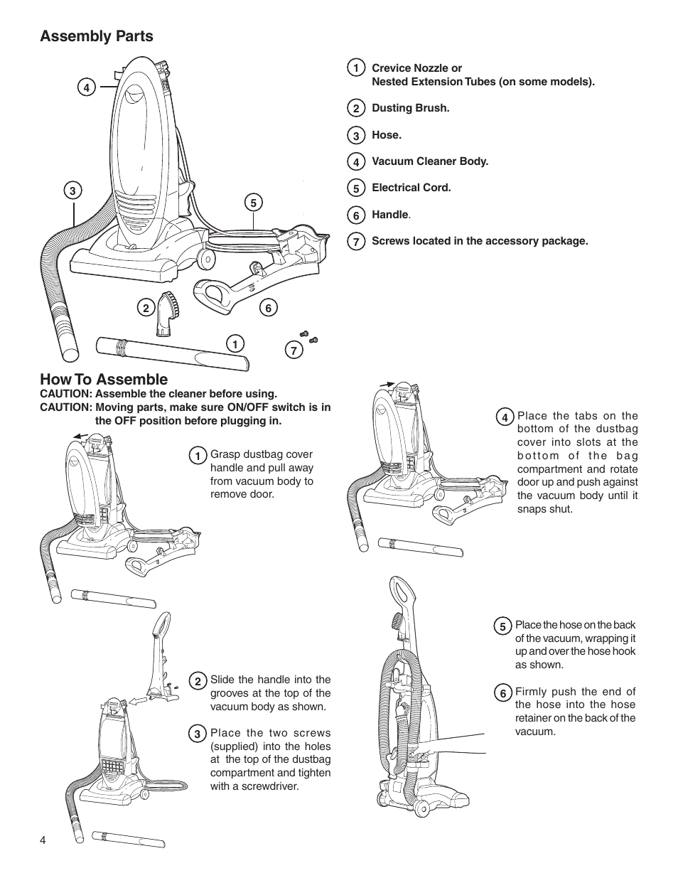 Assembly parts, How to assemble | Electrolux Z2250 User Manual | Page 4 / 12