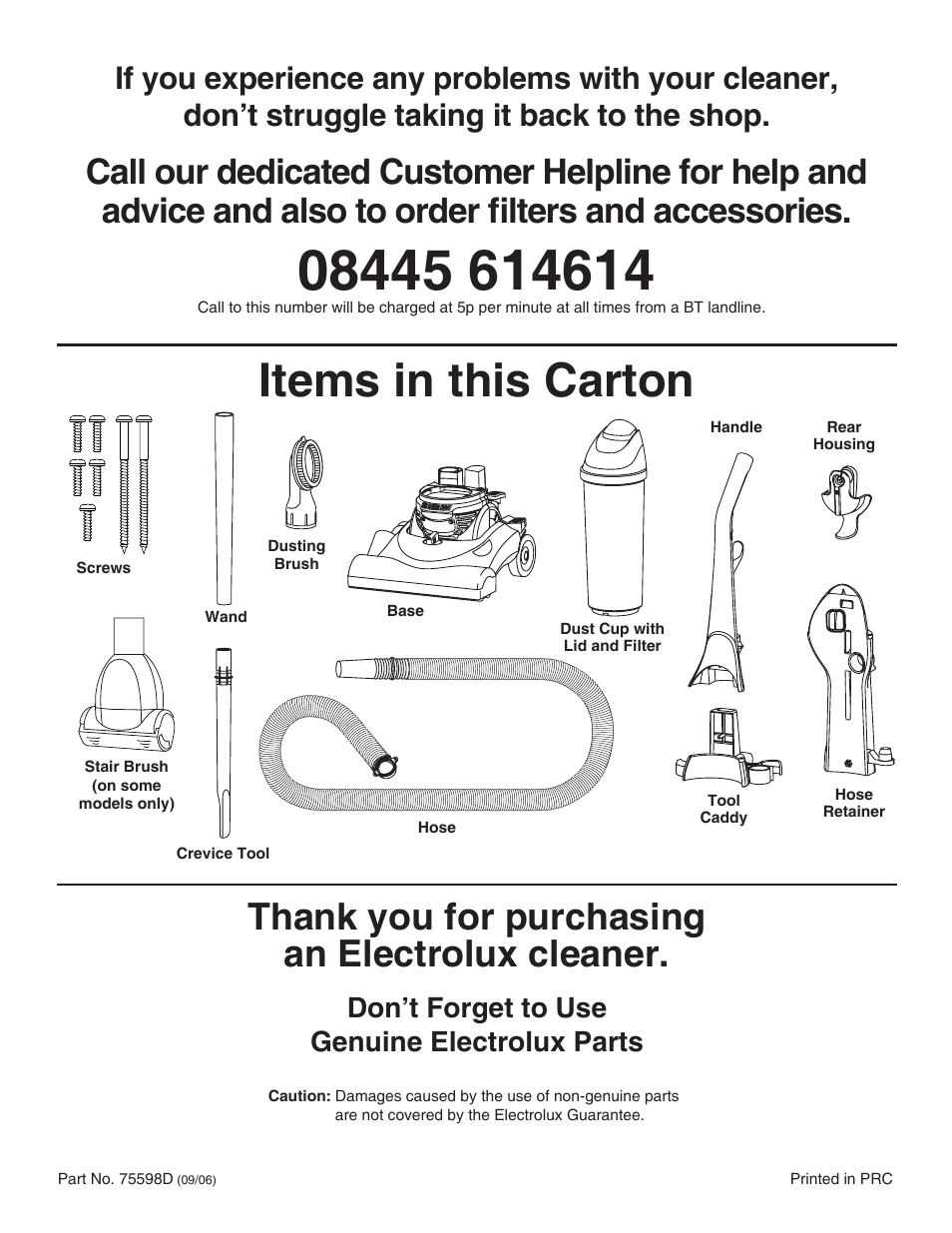 Items in this carton, Don’t forget to use genuine electrolux parts | Electrolux Z4700 Series User Manual | Page 16 / 16
