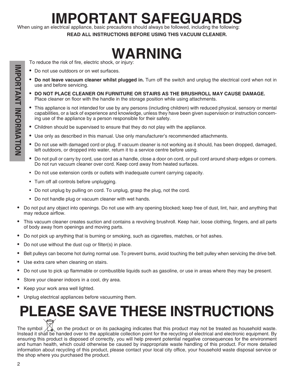 Important safeguards, Warning, Please save these instructions | Important information | Electrolux Z4700 Series User Manual | Page 2 / 16