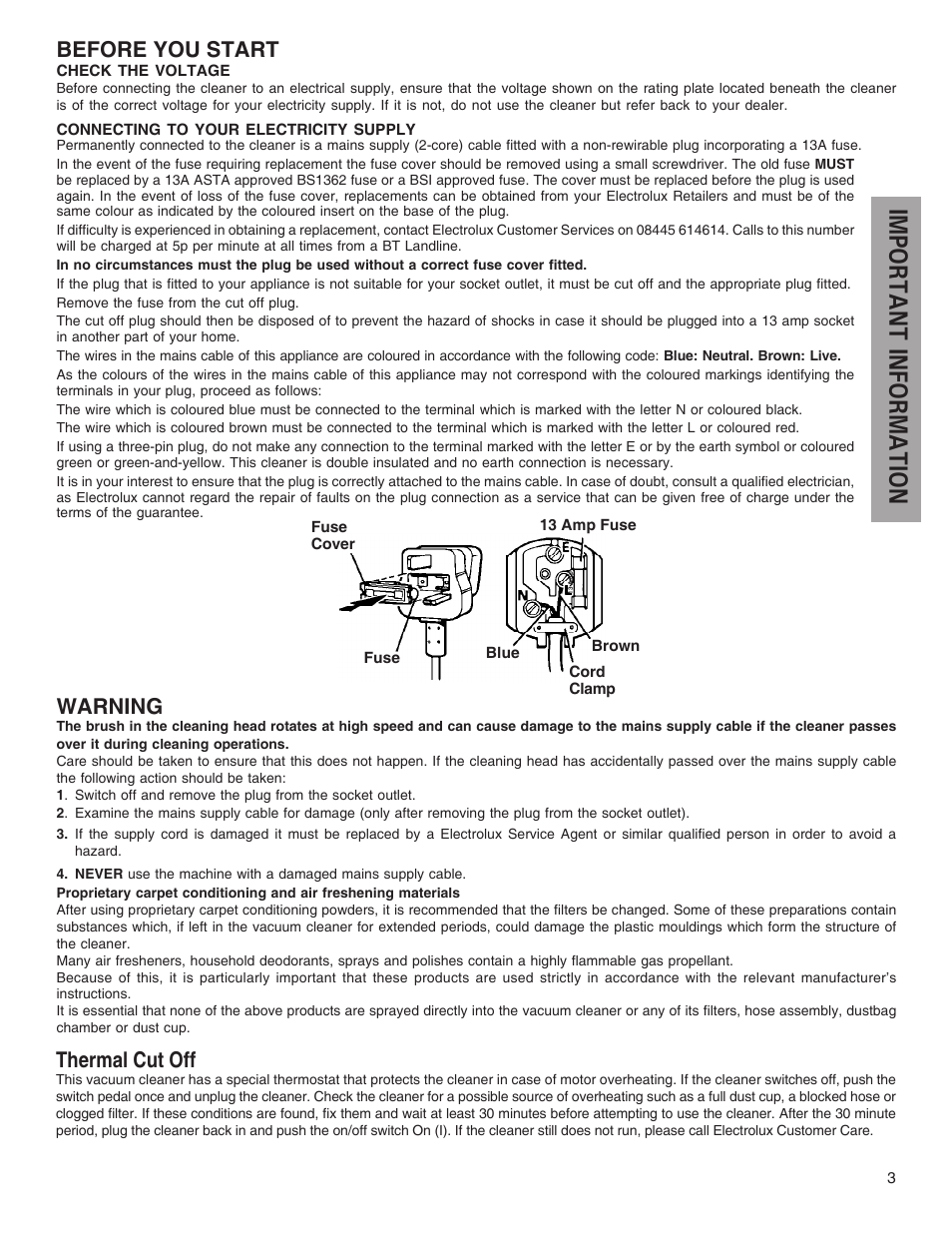 Important information, Before you start, Warning | Thermal cut off | Electrolux Z4700 Series User Manual | Page 3 / 16