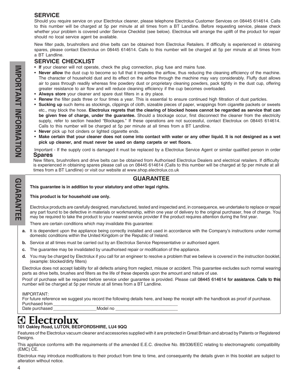 Important information, Guarantee | Electrolux Z4700 Series User Manual | Page 4 / 16