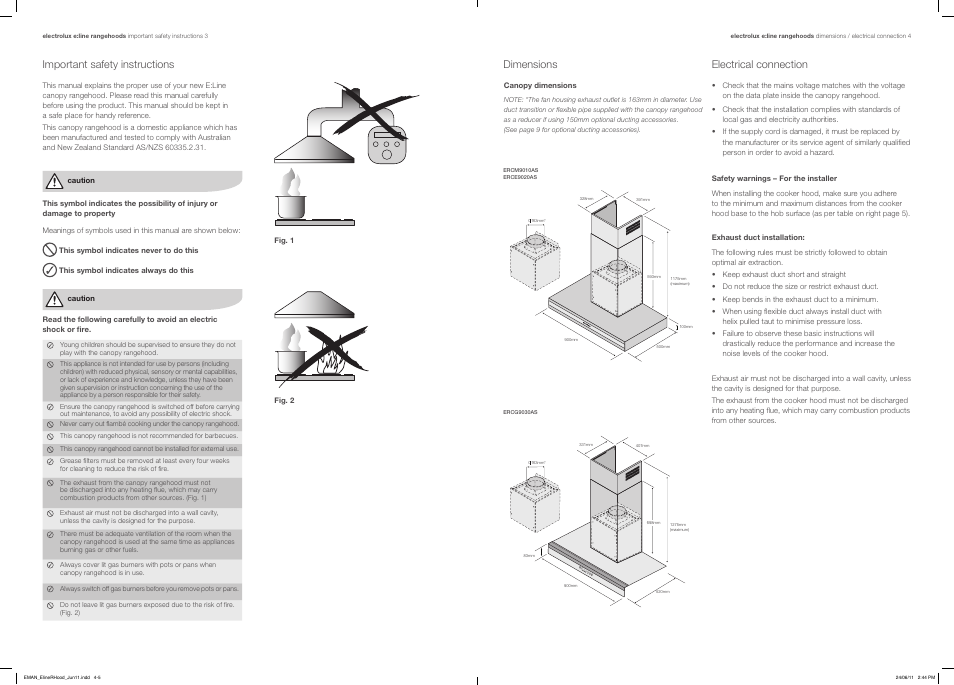 Important safety instructions, Dimensions, Electrical connection | Electrolux ERCG9030AS User Manual | Page 3 / 7