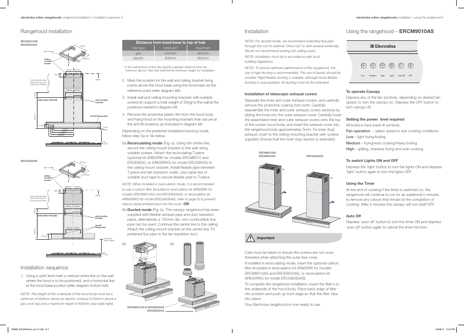 Rangehood installation, Installation sequence, Installation using the rangehood – ercm9010as | Electrolux ERCG9030AS User Manual | Page 4 / 7