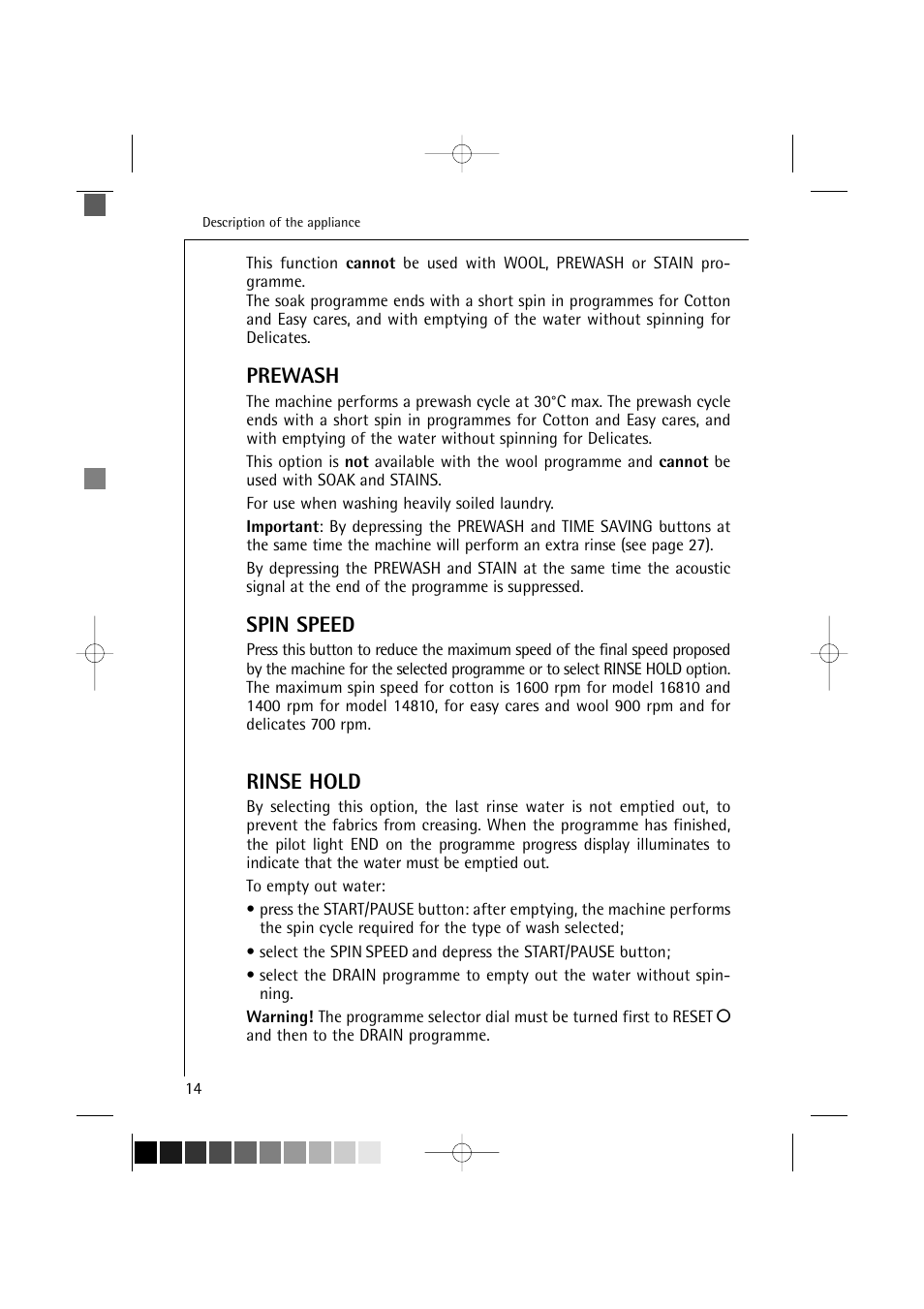 Prewash, Spin speed, Rinse hold | Electrolux LAVAMAT 16810 User Manual | Page 14 / 56