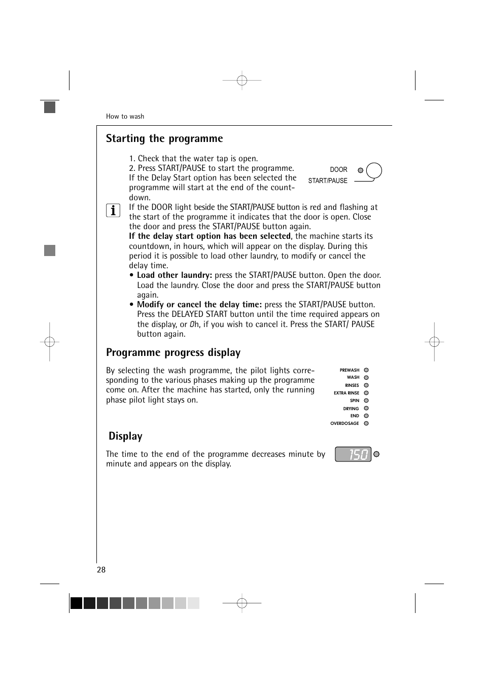 Starting the programme, Programme progress display, Display | Electrolux LAVAMAT 16810 User Manual | Page 28 / 56