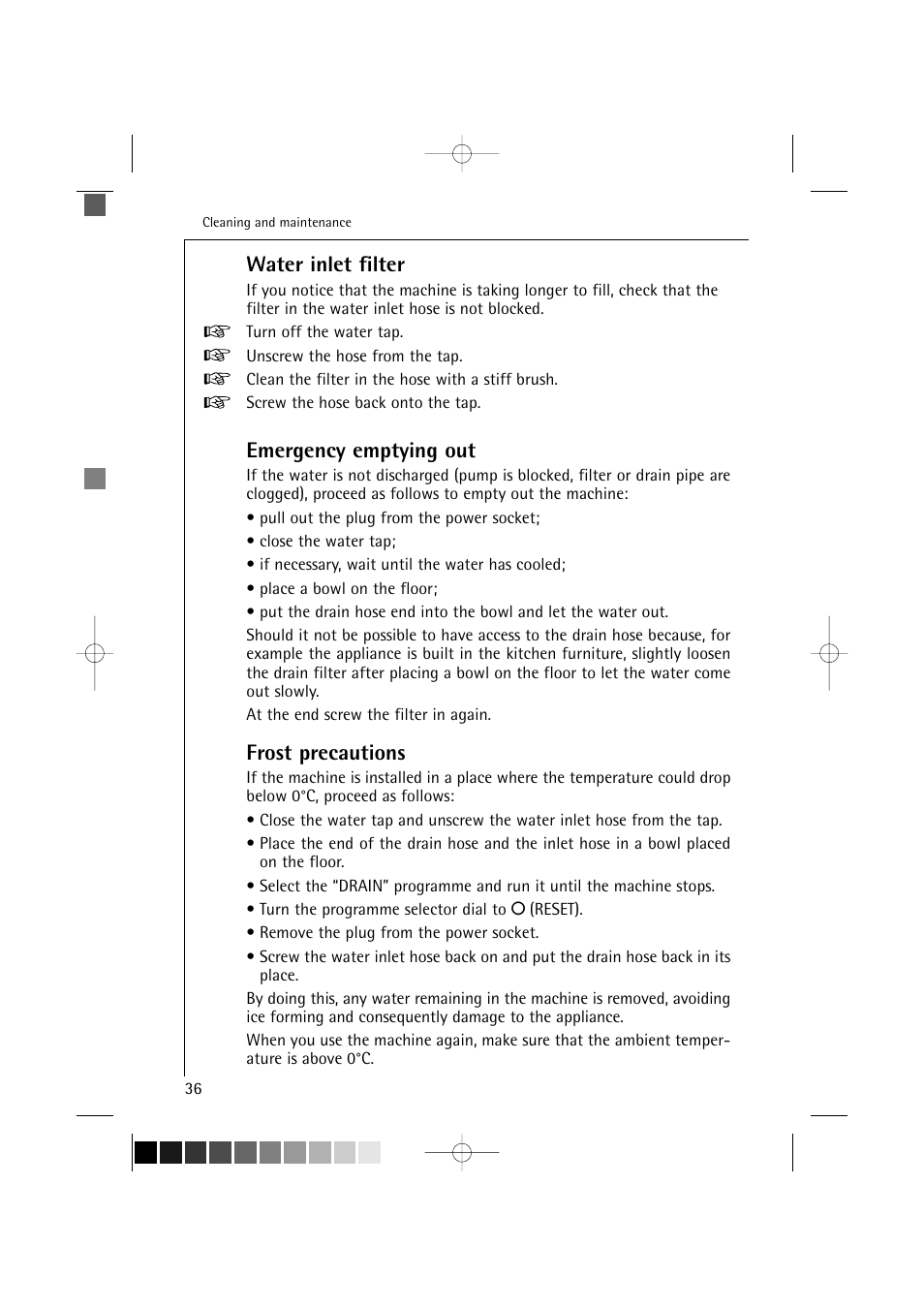 Water inlet filter, Emergency emptying out, Frost precautions | Electrolux LAVAMAT 16810 User Manual | Page 36 / 56