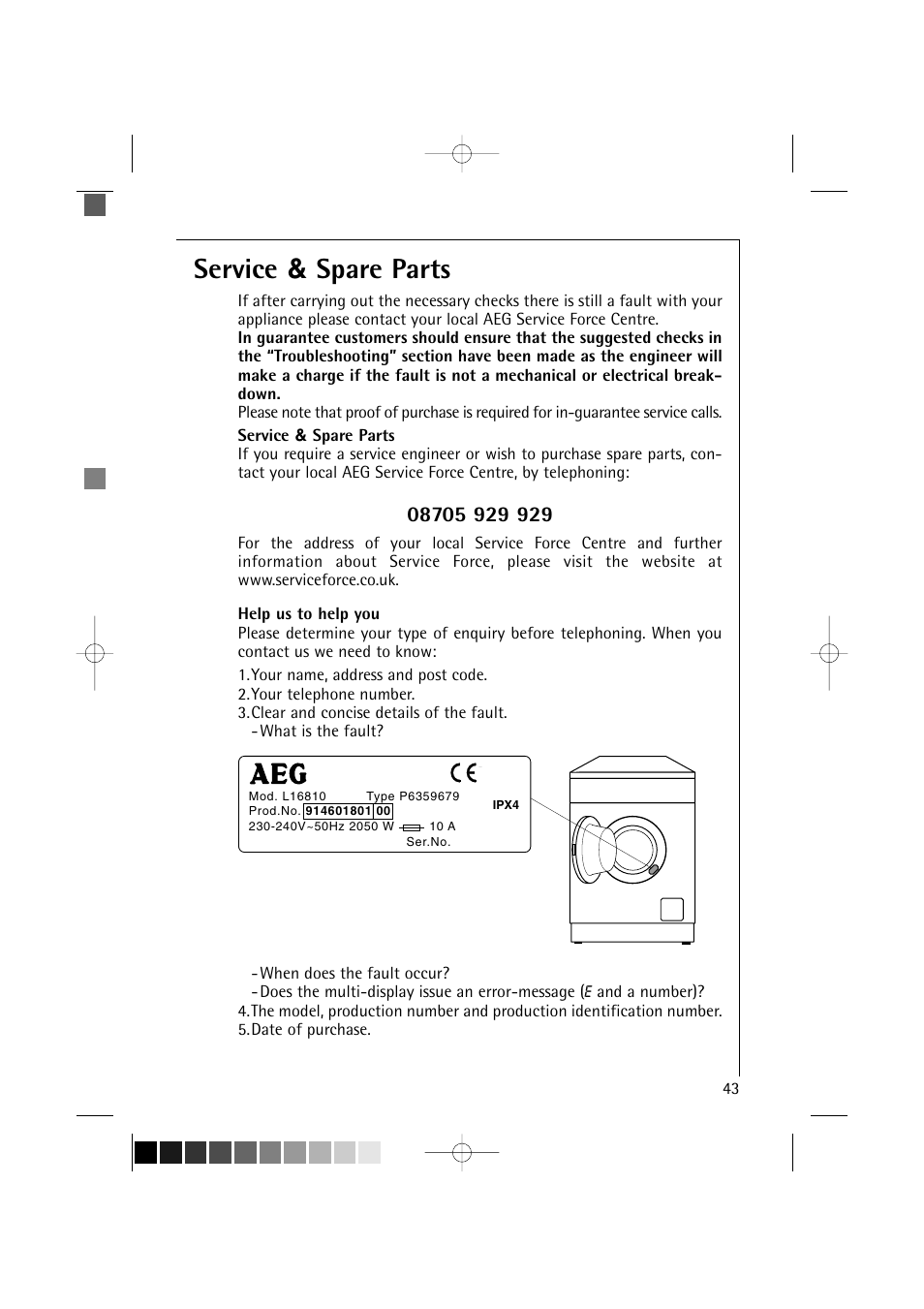 Service & spare parts | Electrolux LAVAMAT 16810 User Manual | Page 43 / 56