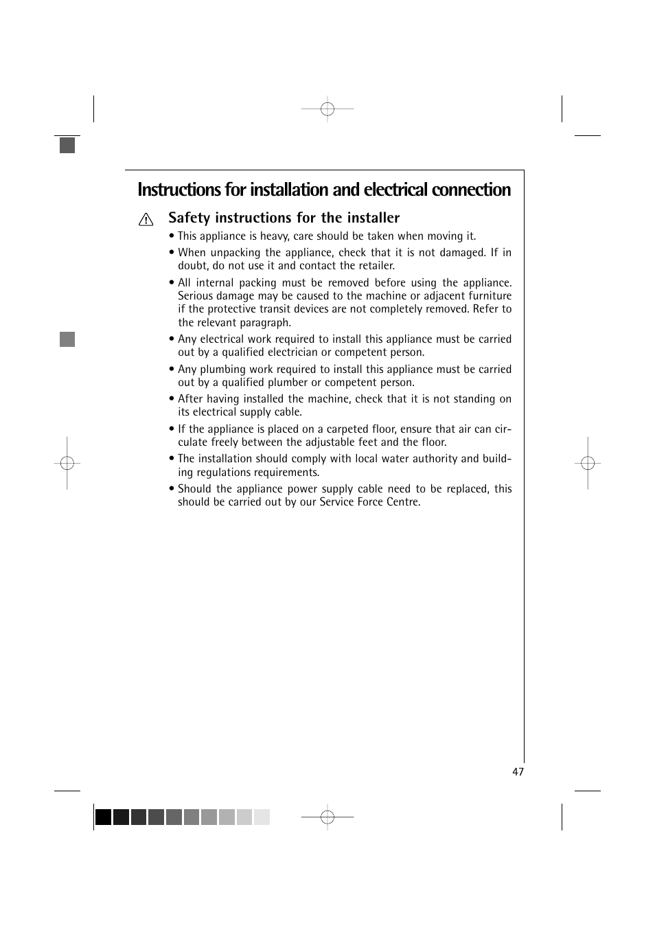 Safety instructions for the installer | Electrolux LAVAMAT 16810 User Manual | Page 47 / 56