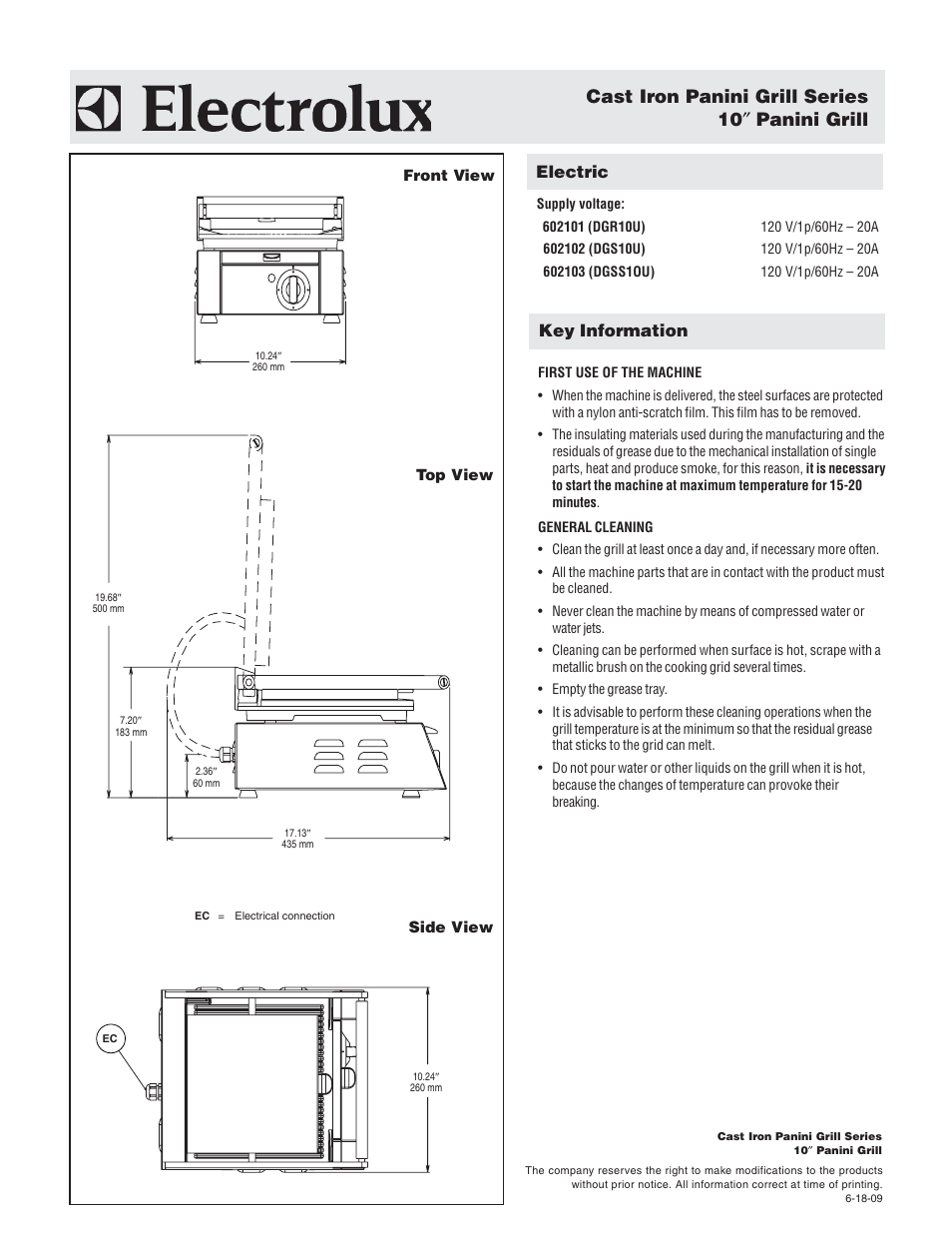 Cast iron panini grill series 10 ″ panini grill, Electric, Key information | Electrolux 602101 User Manual | Page 2 / 2