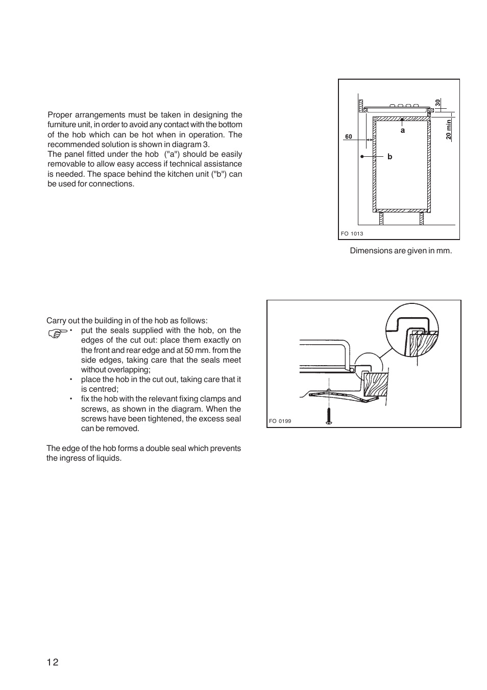 Building over a kitchen unit with door, Fitting the hob into the worktop | Electrolux U26227 User Manual | Page 12 / 16