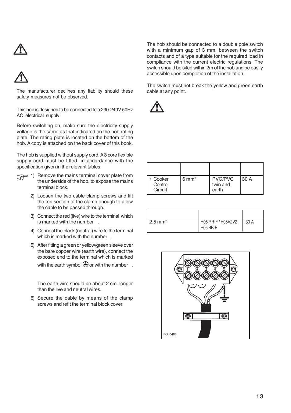 Electrical connections, Supply cable specifications | Electrolux U26227 User Manual | Page 13 / 16