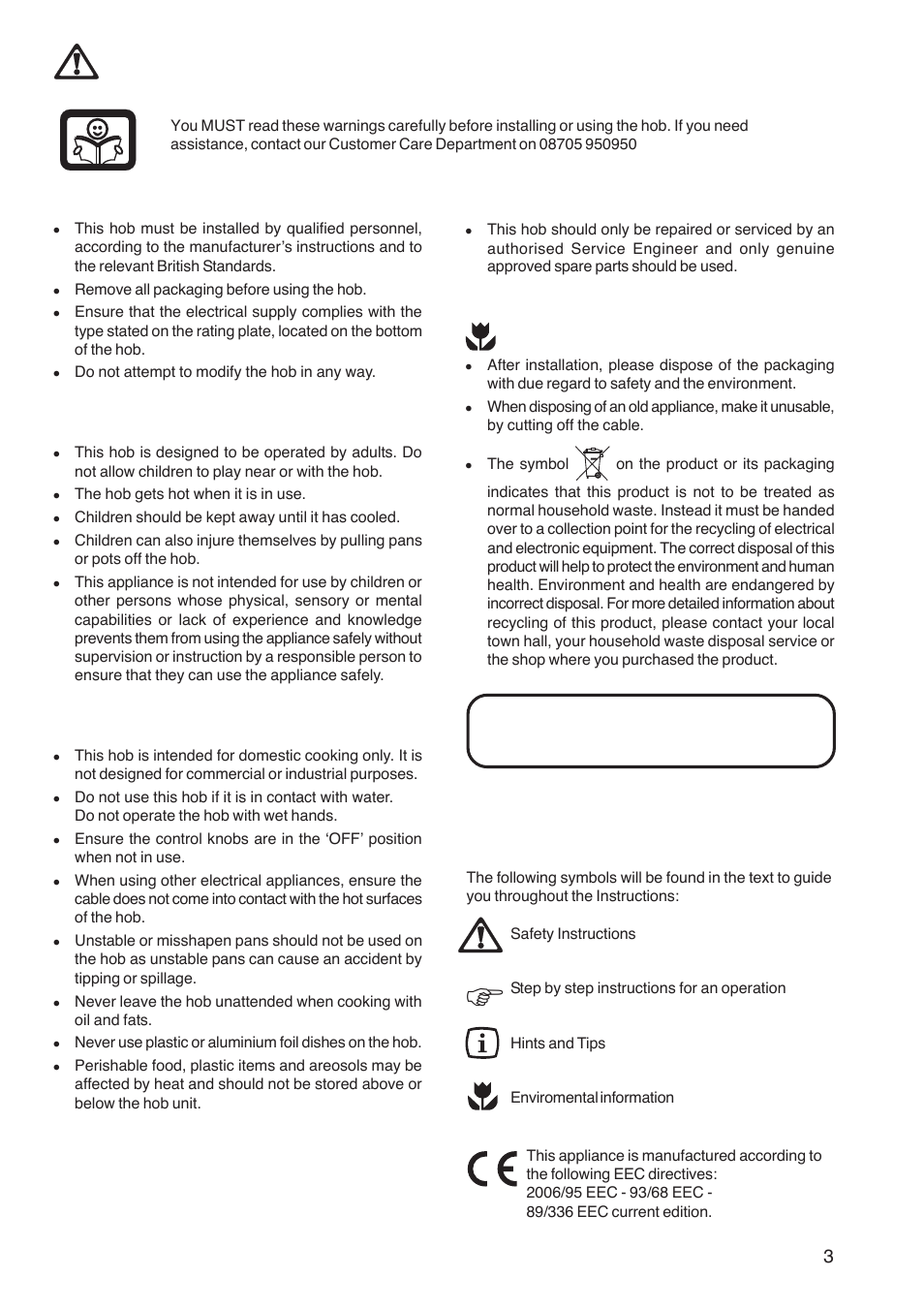 Important safety information, Installation, Child safety | During use, Guide to use the instructions, Service, Environmental information | Electrolux U26227 User Manual | Page 3 / 16