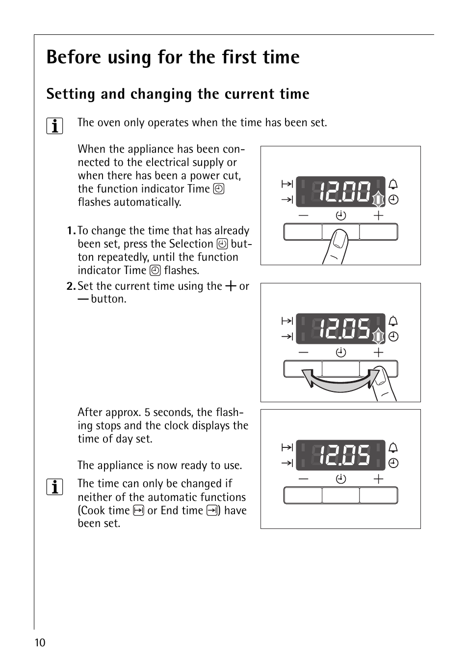 Before using for the first time, Setting and changing the current time | Electrolux E2191-4 User Manual | Page 10 / 56