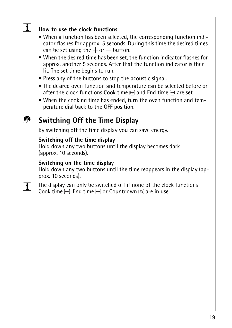 Switching off the time display | Electrolux E2191-4 User Manual | Page 19 / 56