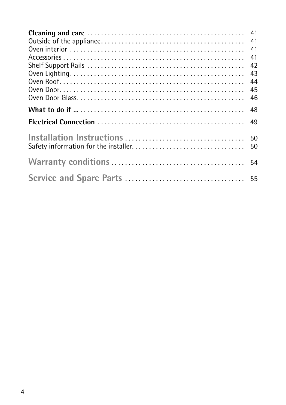 Installation instructions, Warranty conditions, Service and spare parts | Electrolux E2191-4 User Manual | Page 4 / 56