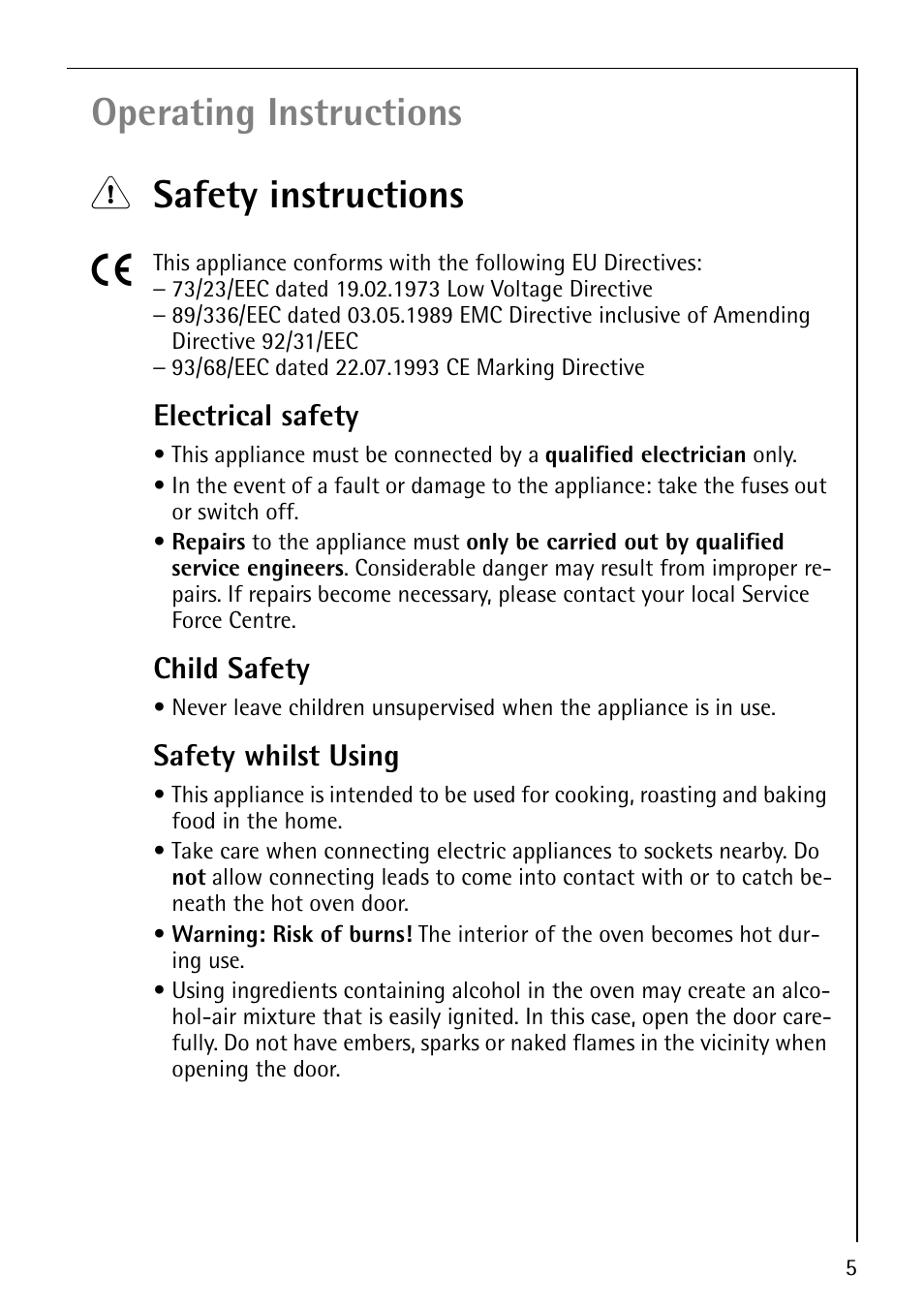 Operating instructions 1 safety instructions 5, Electrical safety, Child safety | Safety whilst using | Electrolux E2191-4 User Manual | Page 5 / 56