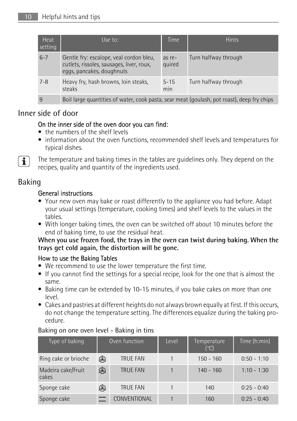 Inner side of door, Baking | Electrolux E33542-6 User Manual | Page 10 / 28