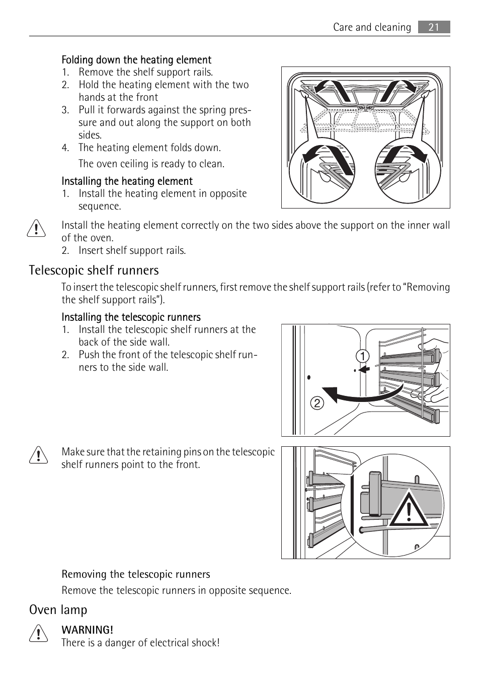 Telescopic shelf runners, Oven lamp | Electrolux E33542-6 User Manual | Page 21 / 28