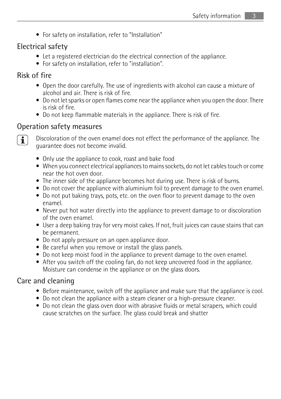 Electrical safety, Risk of fire, Operation safety measures | Care and cleaning | Electrolux E33542-6 User Manual | Page 3 / 28