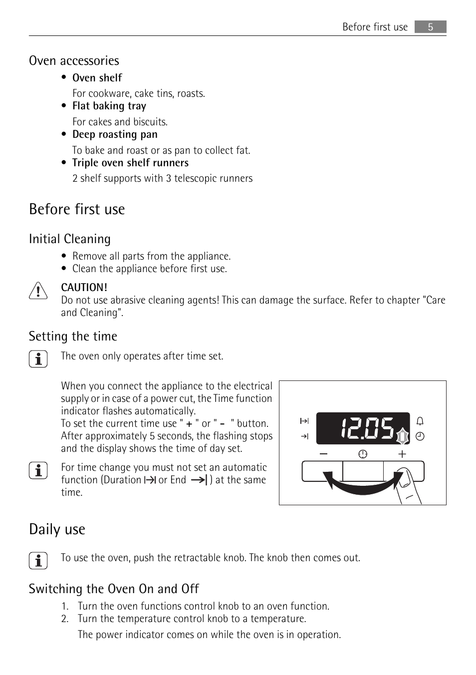 Before first use, Daily use, Oven accessories | Initial cleaning, Setting the time, Switching the oven on and off | Electrolux E33542-6 User Manual | Page 5 / 28