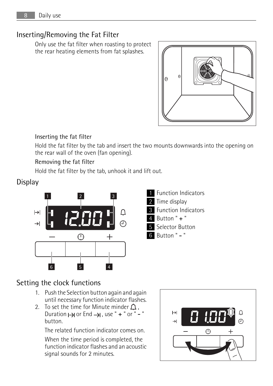 Inserting/removing the fat filter, Display, Setting the clock functions | Electrolux E33542-6 User Manual | Page 8 / 28