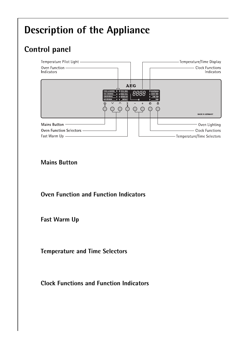 Description of the appliance, Control panel | Electrolux B 81405 User Manual | Page 10 / 72