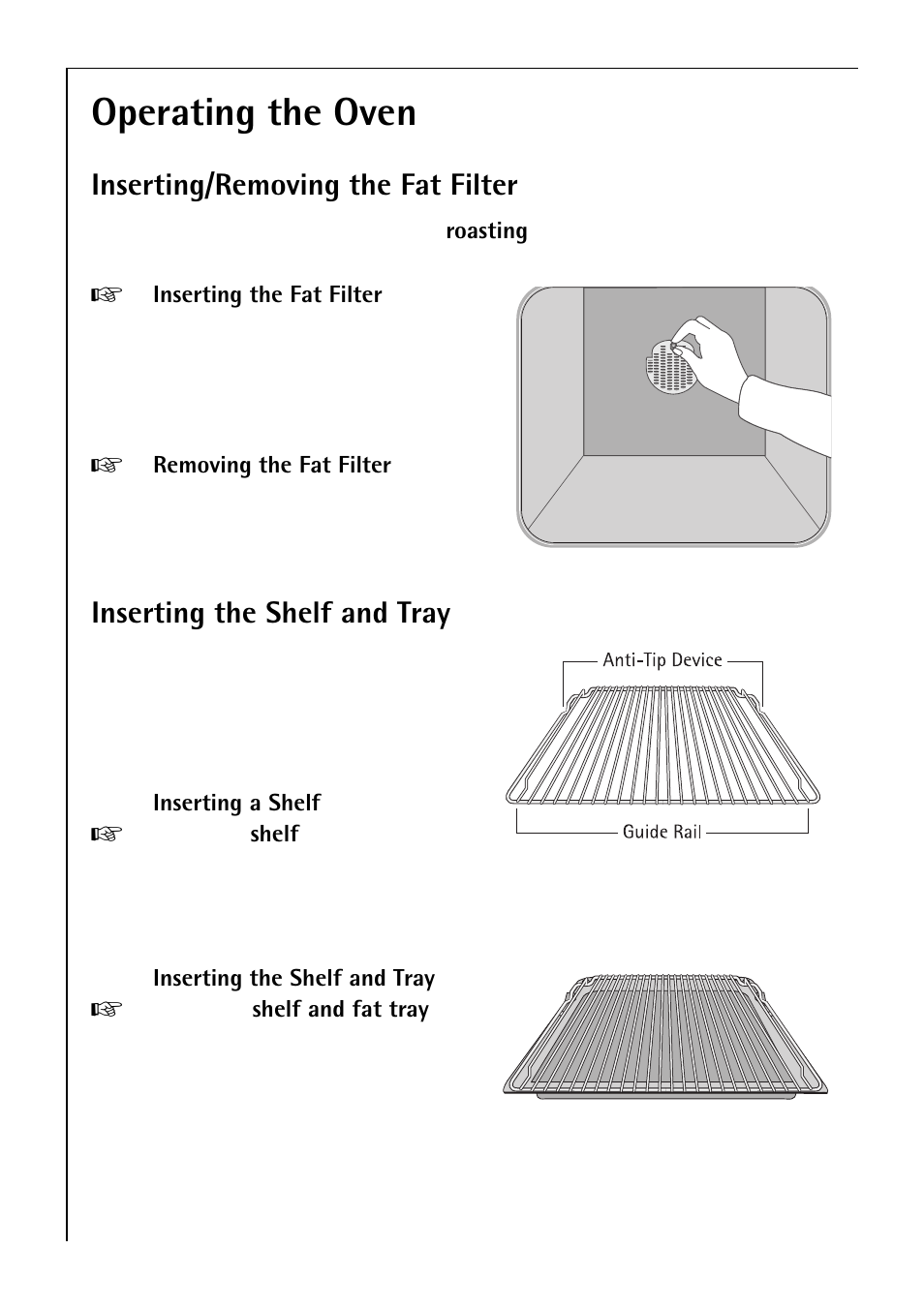 Operating the oven, Inserting/removing the fat filter, Inserting the shelf and tray | Electrolux B 81405 User Manual | Page 18 / 72