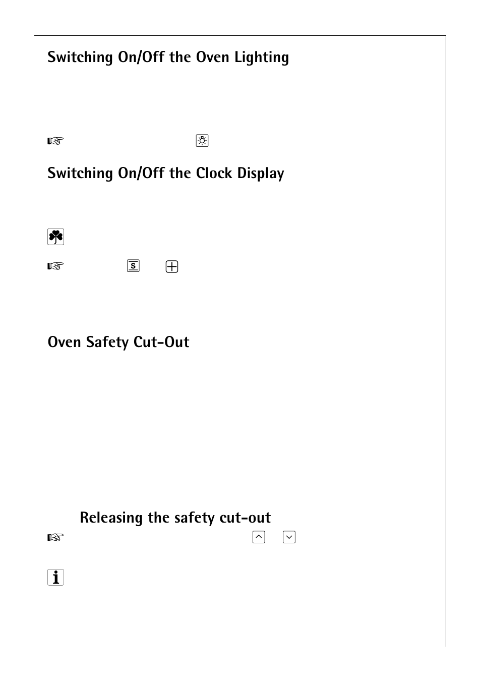 Switching on/off the oven lighting, Switching on/off the clock display, Oven safety cut-out | Releasing the safety cut-out | Electrolux B 81405 User Manual | Page 27 / 72