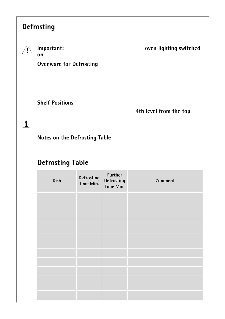 Defrosting, Defrosting table | Electrolux B 81405 User Manual | Page 46 / 72