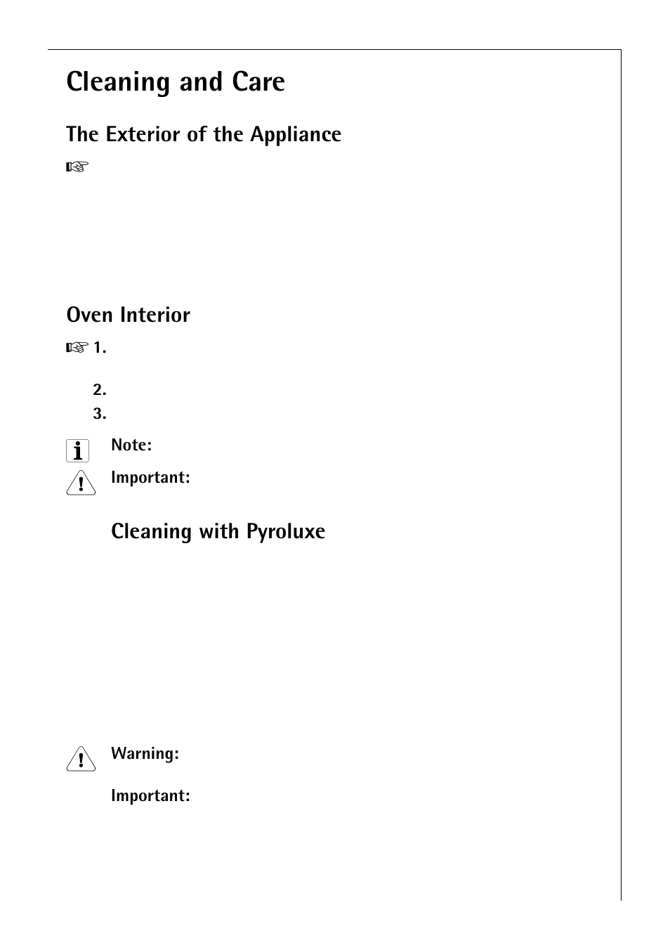 Cleaning and care, The exterior of the appliance, Oven interior | Cleaning with pyroluxe | Electrolux B 81405 User Manual | Page 49 / 72