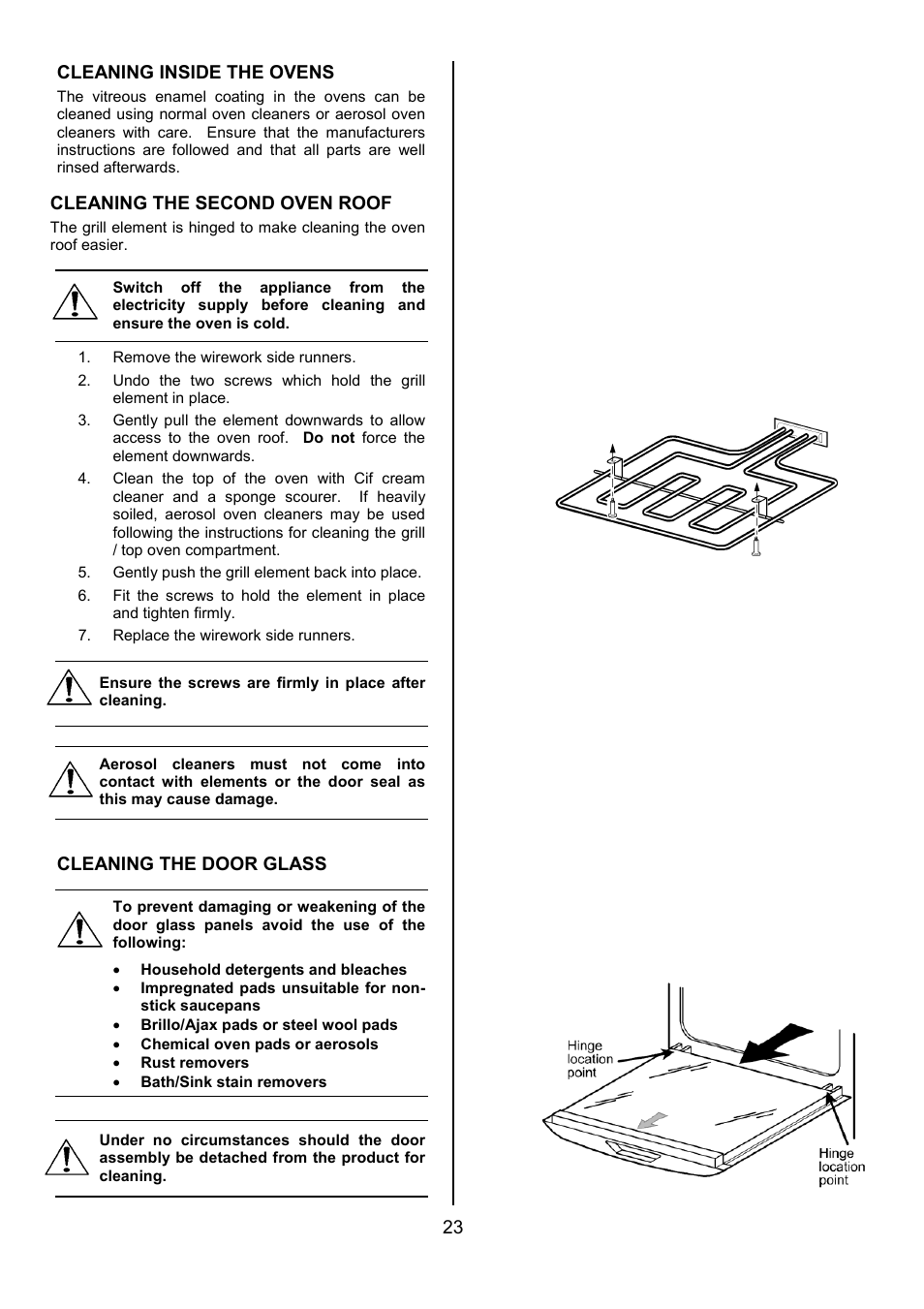 23 cleaning inside the ovens, Cleaning the second oven roof, Cleaning the door glass | Electrolux D2100-4 User Manual | Page 23 / 40
