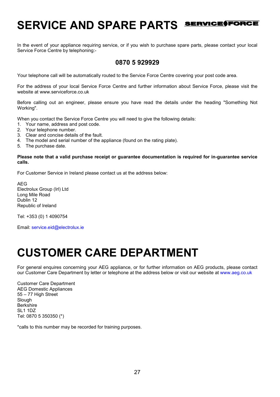 Service and spare parts, Customer care department | Electrolux D2100-4 User Manual | Page 27 / 40
