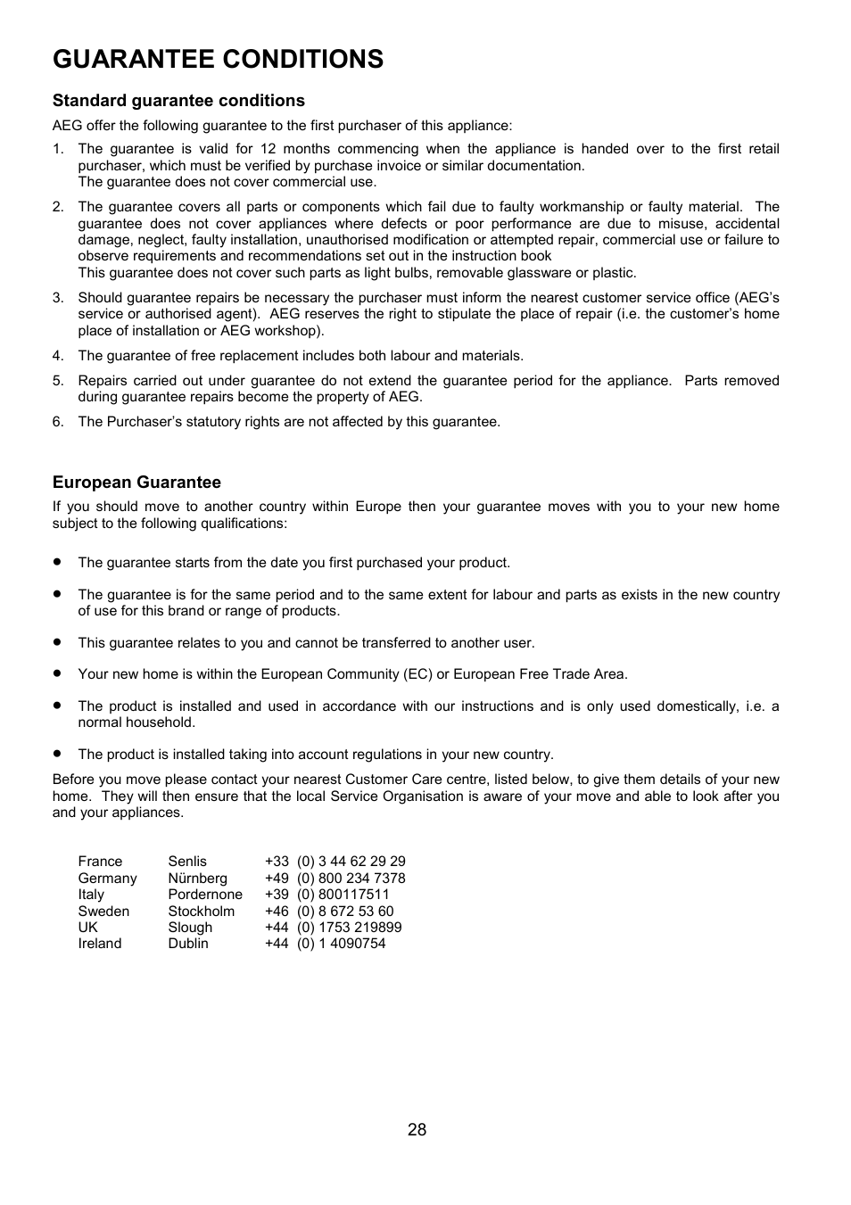 Guarantee conditions | Electrolux D2100-4 User Manual | Page 28 / 40