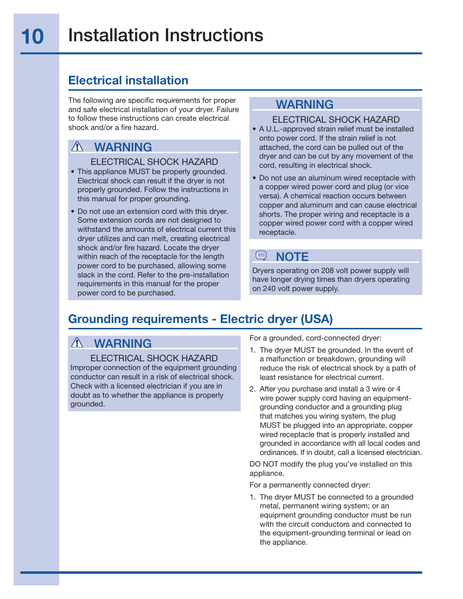 Installation instructions, Warning | Electrolux 134709300 User Manual | Page 10 / 26