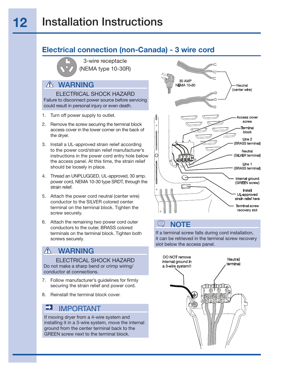 Installation instructions, Electrical connection (non-canada) - 3 wire cord, Warning | Important | Electrolux 134709300 User Manual | Page 12 / 26