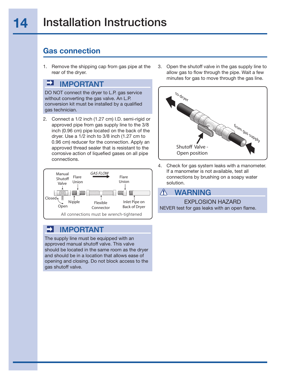 Installation instructions, Gas connection, Important | Warning | Electrolux 134709300 User Manual | Page 14 / 26