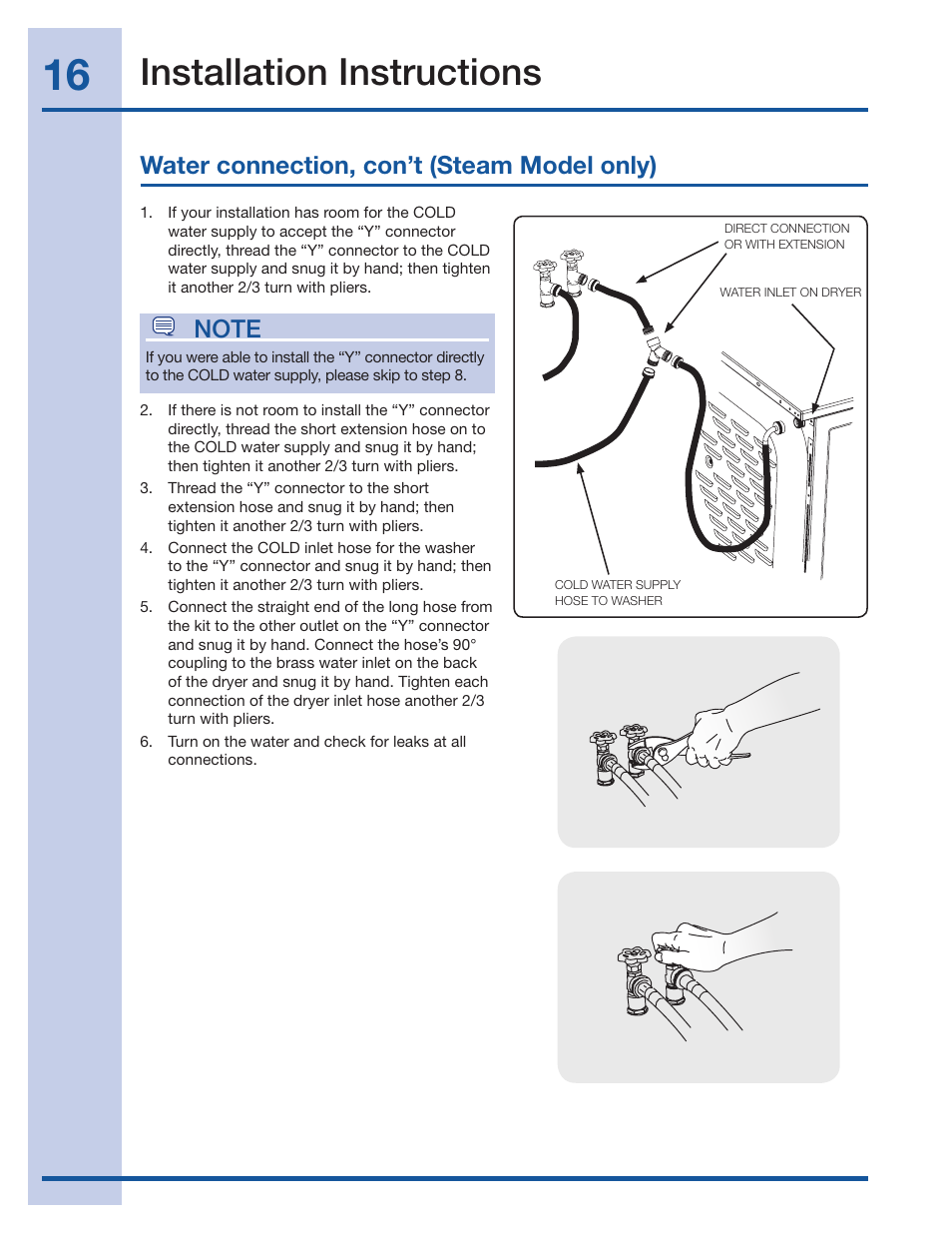 Installation instructions, Water connection, con’t (steam model only) | Electrolux 134709300 User Manual | Page 16 / 26