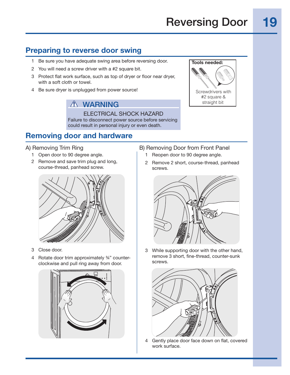 Reversing door, Warning | Electrolux 134709300 User Manual | Page 19 / 26