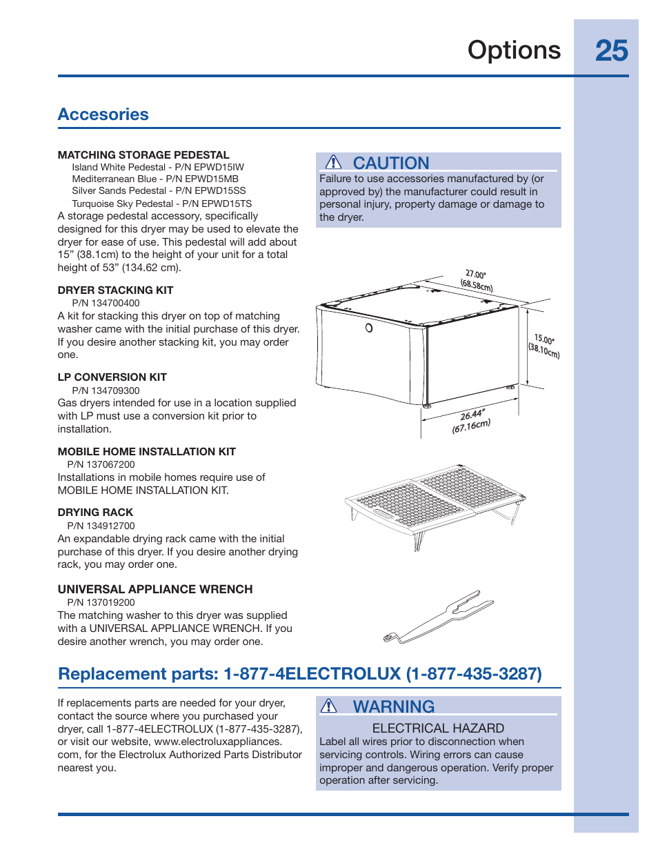 Options, Caution, Warning | Accesories | Electrolux 134709300 User Manual | Page 25 / 26