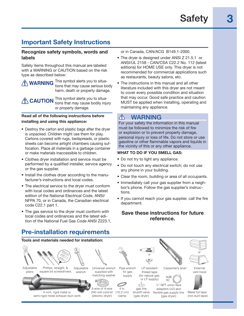 Safety, Important safety instructions, Warning | Pre-installation requirements, Save these instructions for future reference, Recognize safety symbols, words and labels | Electrolux 134709300 User Manual | Page 3 / 26