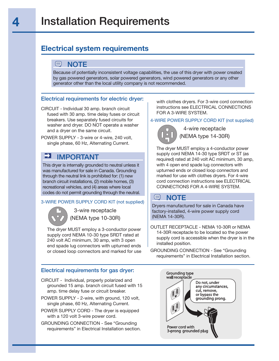 Installation requirements, Important, Electrical system requirements | Electrolux 134709300 User Manual | Page 4 / 26