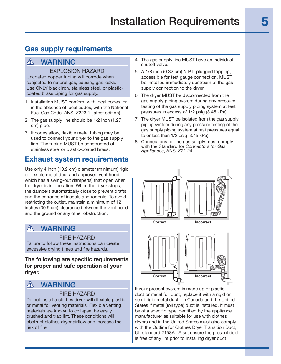 Installation requirements, Warning, Exhaust system requirements | Gas supply requirements warning | Electrolux 134709300 User Manual | Page 5 / 26