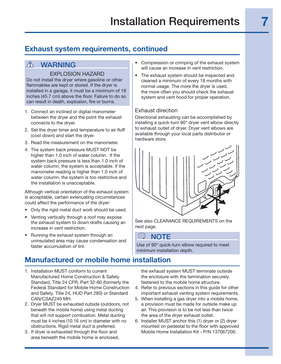 Installation requirements, Warning, Exhaust system requirements, continued | Manufactured or mobile home installation | Electrolux 134709300 User Manual | Page 7 / 26