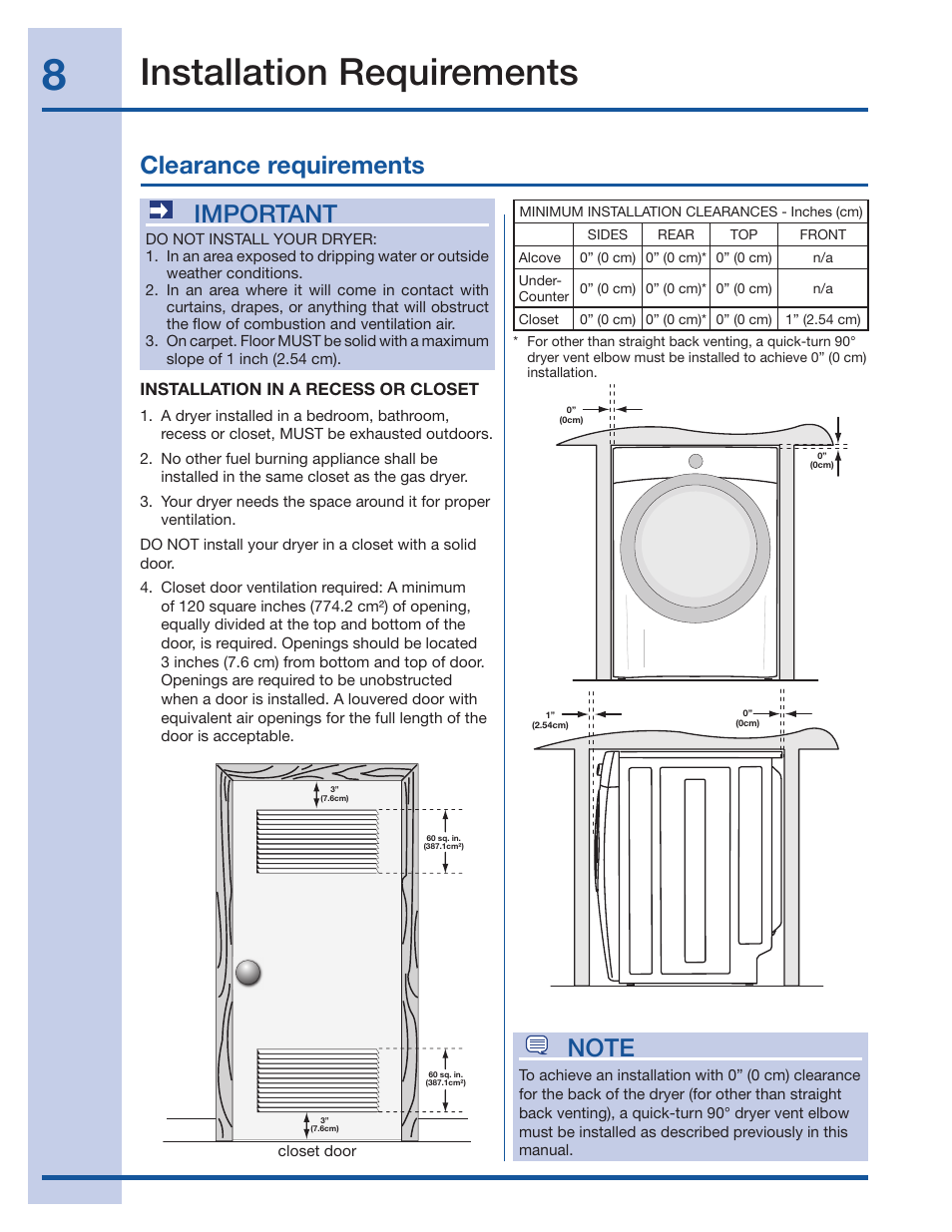 Installation requirements, Clearance requirements, Important | Electrolux 134709300 User Manual | Page 8 / 26