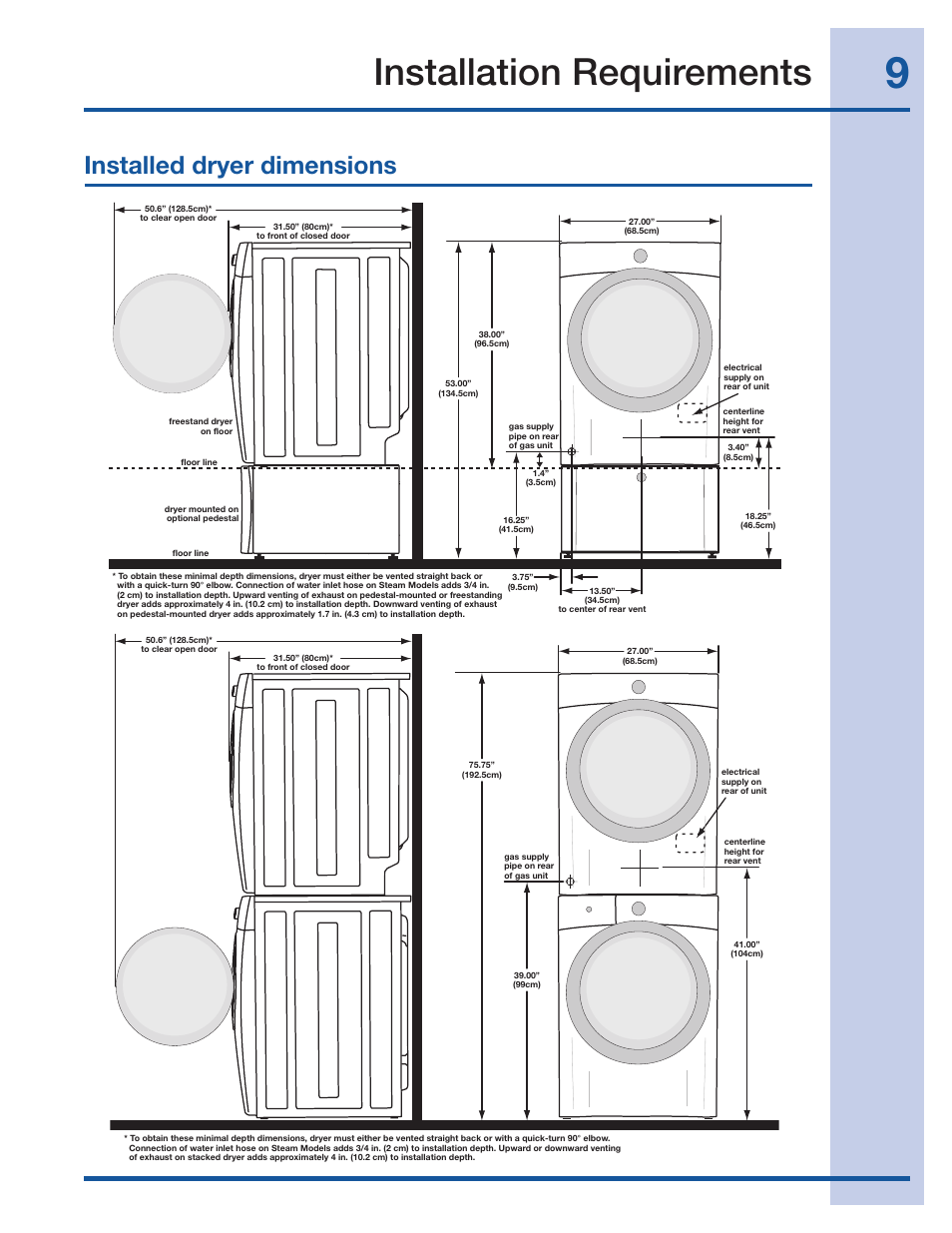 Installation requirements, Installed dryer dimensions | Electrolux 134709300 User Manual | Page 9 / 26