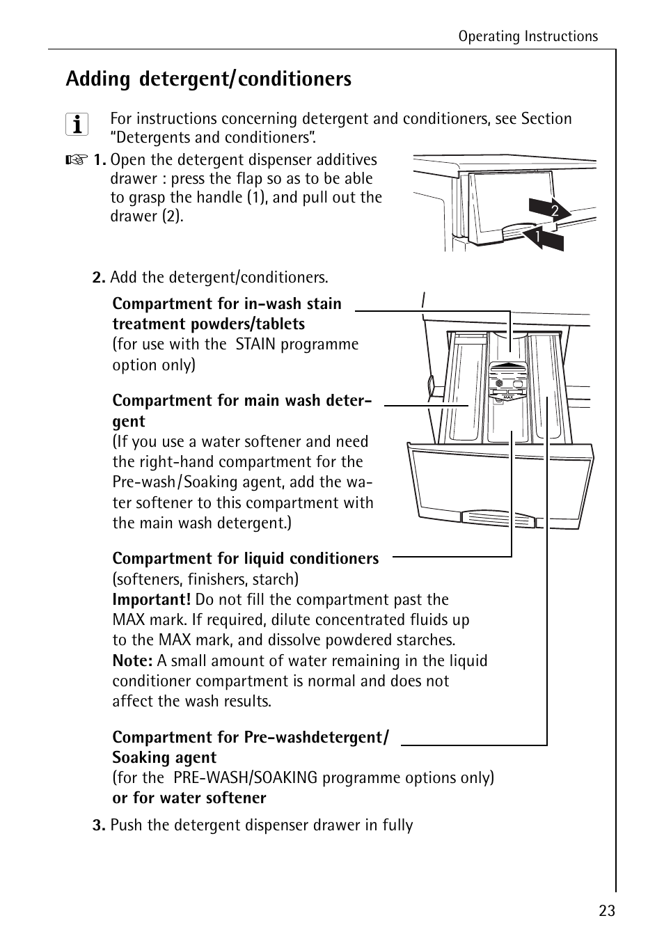 Adding detergent/conditioners | Electrolux 86741 User Manual | Page 23 / 60